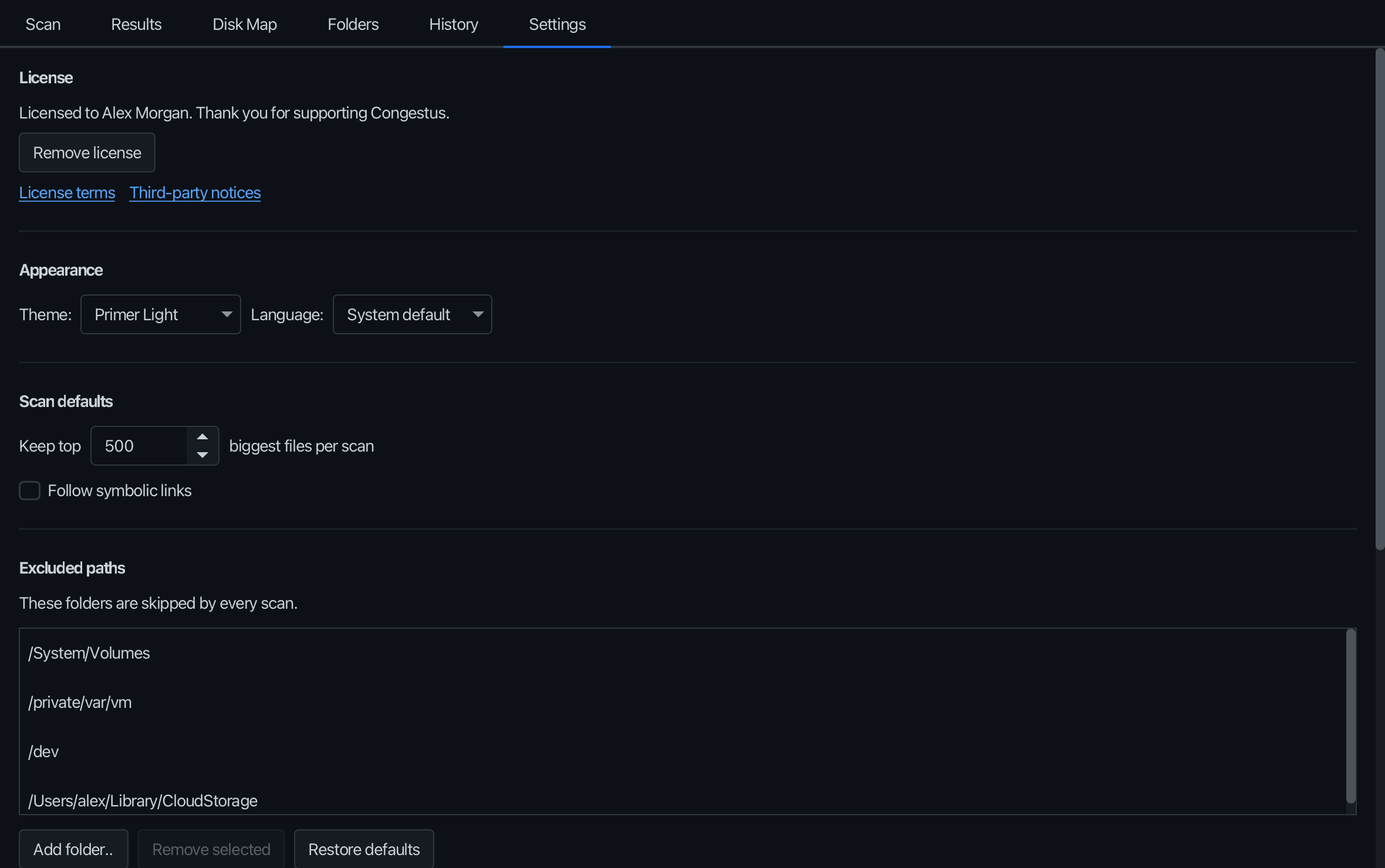 Your license, theme, language and scan defaults. All offline.